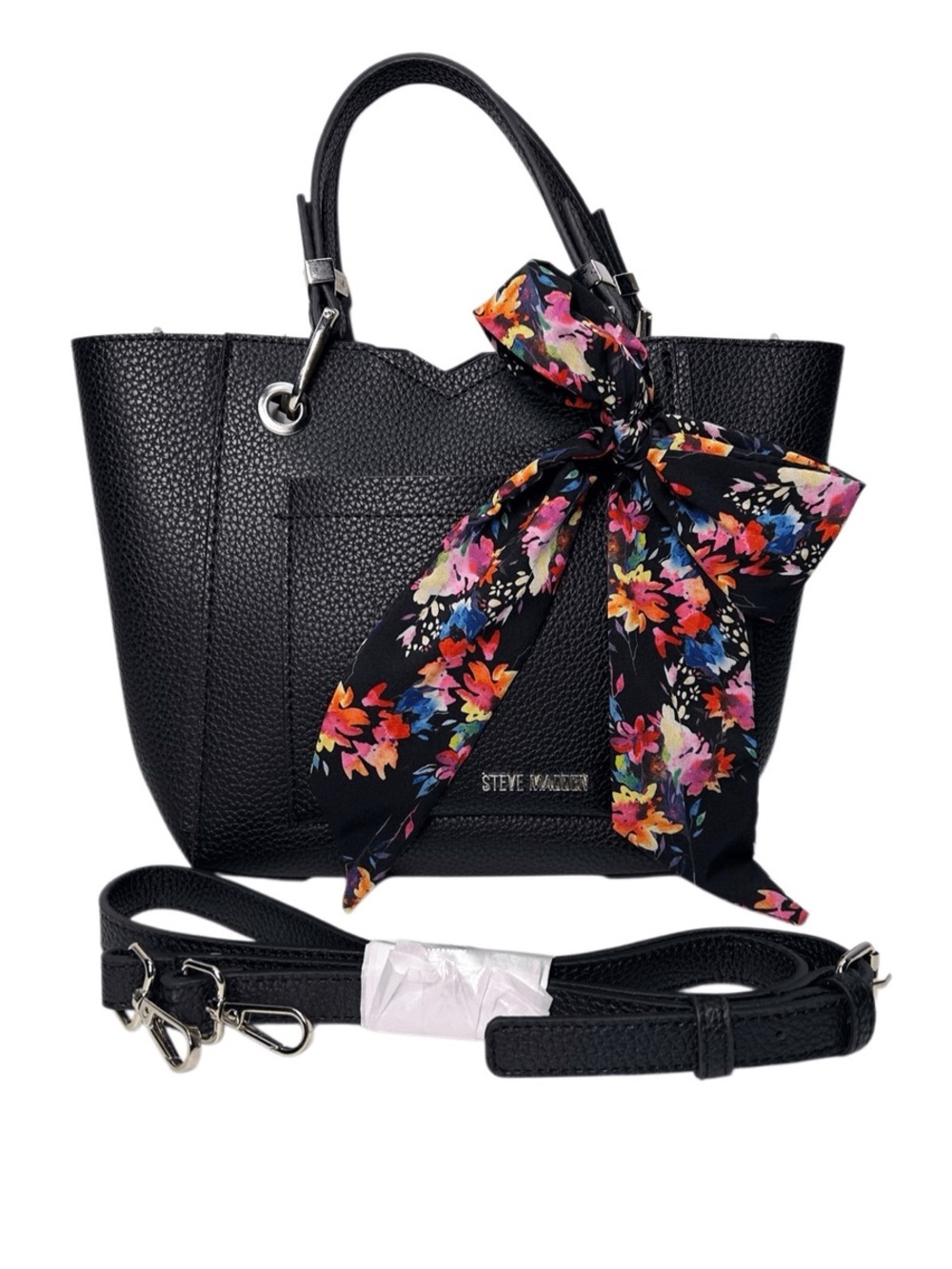 Steve Madden Black Tote with Multicolor Floral Bow